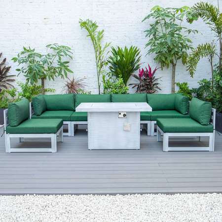 Leisuremod Chelsea 7-Piece Patio Sectional And Fire Pit Table Weathered Grey Aluminum With Green Cushions CSFWGR-7G